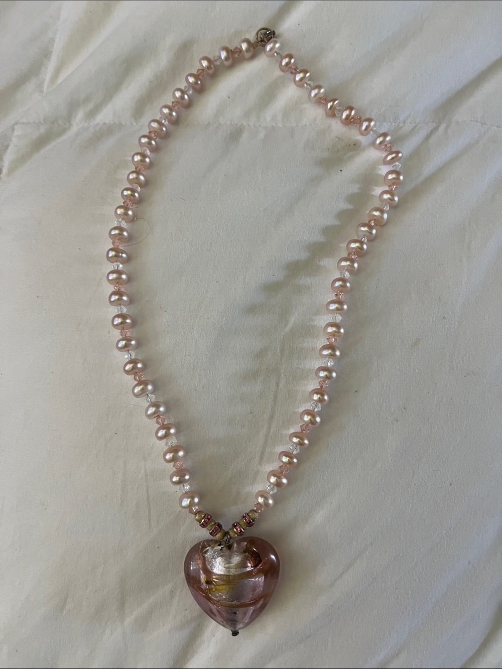 Vintage-Vibe Coquette Pink Pearl & Glass Heart Statement Necklace